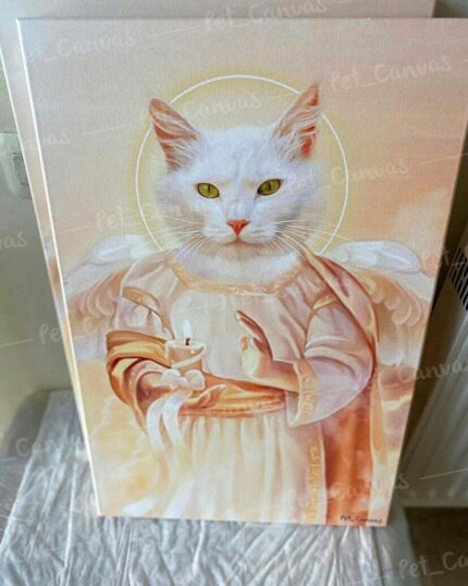 Capture your beloved pet’s gentle spirit with the Special Design Canvas Painting – Angel #1, featuring a white cat as an angel with a glowing halo, flowing robes, and candle—a serene custom canvas for your cherished companion.