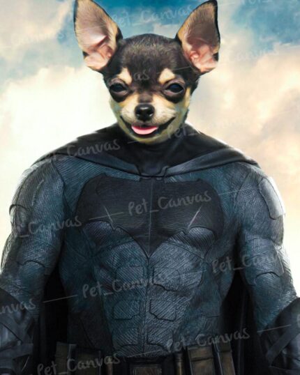A digitally edited image of a superhero in a black bat suit with a small dog’s head, perfect for fans of Custom Design Canvas Painting – Superhero #9 – Batman.