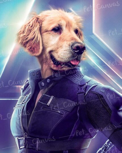 A golden retriever’s head is edited onto a human body in futuristic black armor, striking a heroic pose against a vibrant geometric background—perfect for showcasing your pet with the Custom Design Canvas Painting – Superhero #4 – Black Widow.