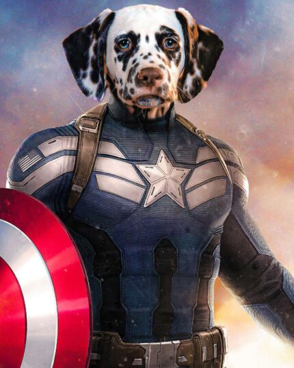 A Dalmatian-headed superhero in a blue suit with a red, white, and blue shield stands before a cloudy sky on this "Custom Design Canvas Painting – Superhero #3 – Captain America," blending heroic charm and creative pet portraiture.