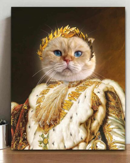 A custom design canvas features your pet edited as Harry Potter, dressed in wizard robes and glasses, set on a classic painting background, displayed on a shelf beside a small potted plant.