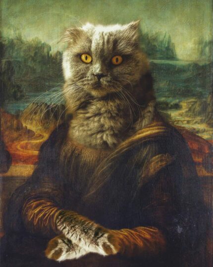 The Mona Lisa #1 - Custom Pet Canvas features a Renaissance-style portrait with your pet’s face and paws replacing the Mona Lisa’s, set against a classic landscape—a perfect way to celebrate your furry friend.