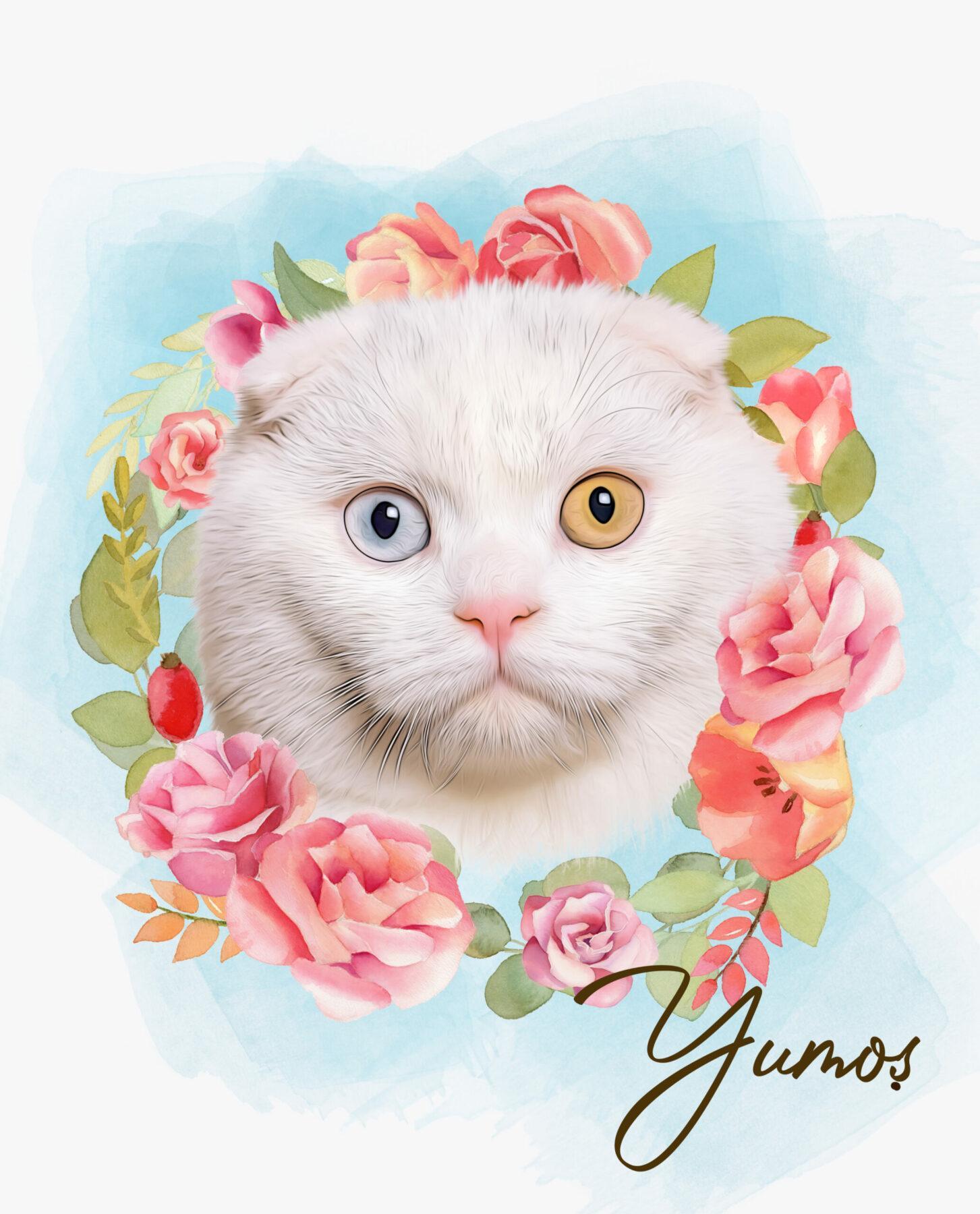 Special Design Canvas Painting – Flower Wreath #9 Features A White Cat With One Blue And One Yellow Eye In A Pink And Red Watercolor Wreath On A Light Blue Background, Perfect For Custom Pet Canvas Printing. Special Design Canvas Painting – Flower Wreath #9 features a white cat with one blue and one yellow eye in a pink and red watercolor wreath on a light blue background, perfect for custom pet canvas printing.