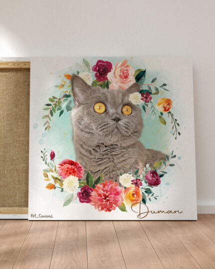 A painted portrait of a gray cat with bright yellow eyes, surrounded by colorful flowers, rests against a wall on a wooden floor. The name Duman and Pet_Canvas highlight this charming custom design pet canvas masterpiece.