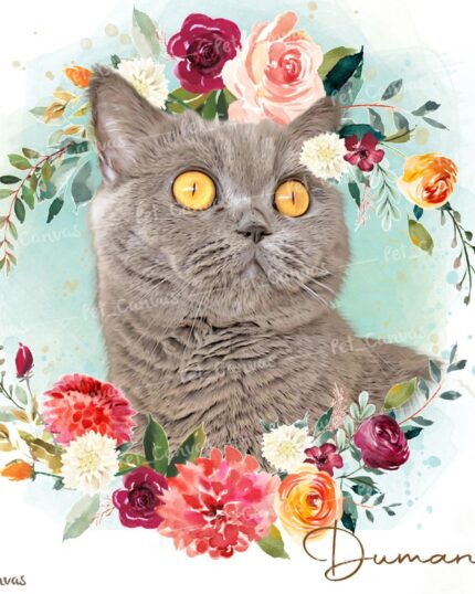A digital illustration of a gray cat with bright yellow eyes, surrounded by colorful flowers on a light blue background. The name Duman is written in cursive at the bottom right, making this a charming custom design pet canvas.