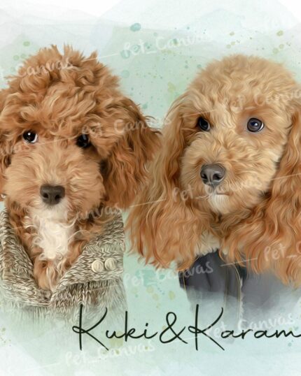 Digital illustration of two fluffy brown poodles—one in a textured sweater, the other in a dark coat—against a soft pastel background. The text Kuki & Karamel appears below, perfect for a custom design pet canvas.