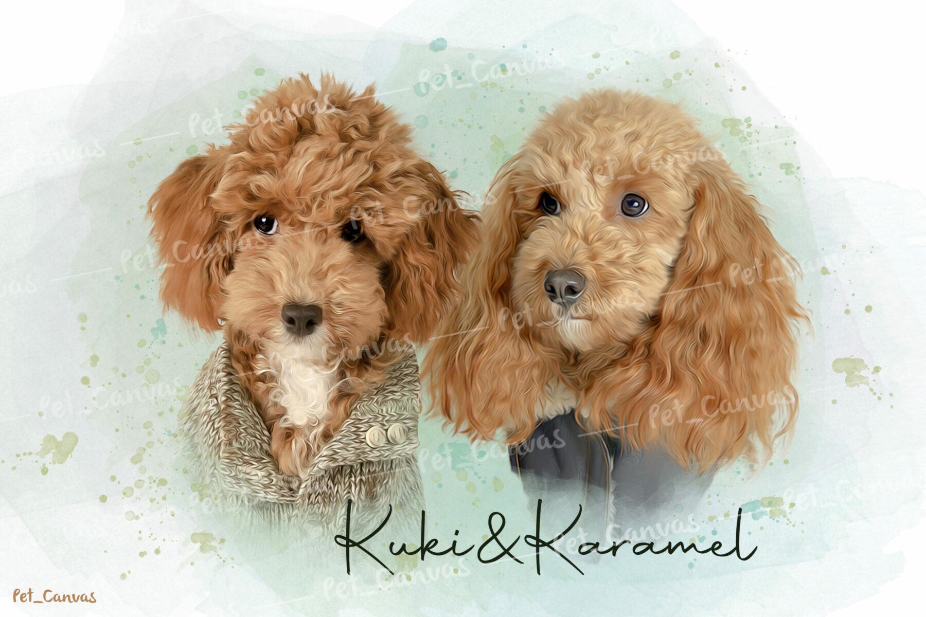 Digital Illustration Of Two Fluffy Brown Poodles—One In A Textured Sweater, The Other In A Dark Coat—Against A Soft Pastel Background. The Text Kuki &Amp;Amp; Karamel Appears Below, Perfect For A Custom Design Pet Canvas. Digital illustration of two fluffy brown poodles—one in a textured sweater, the other in a dark coat—against a soft pastel background. The text Kuki & Karamel appears below, perfect for a custom design pet canvas.