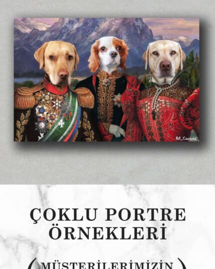 The digital artwork "Multiple Portraits #1 General, Pasha, Red Lady" features three dogs in ornate historical military uniforms on a pet canvas with a mountain and cloud background. Below, Turkish text reads: Çoklu Portre Örnekleri (Müşterilerimizin Özel Tasarımları).