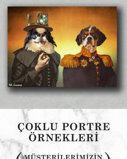 Two dogs in steampunk and general attire pose for a custom portrait on the "Multiple Portraits #8 Steampunk and General" canvas. Turkish text highlights unique multiple pet canvas printing.