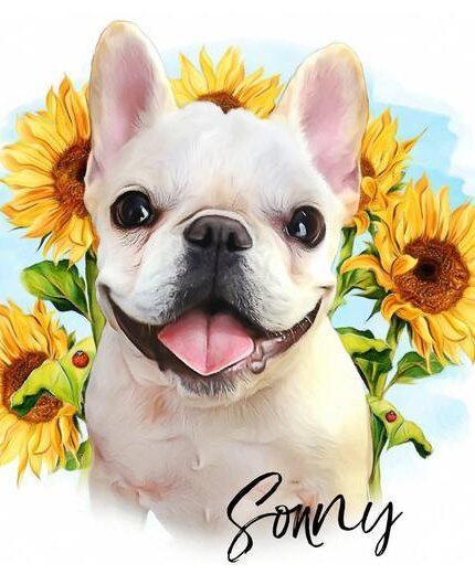 A cheerful white French Bulldog with its tongue out sits before bright yellow sunflowers and a blue sky. "Sonny" is written below—perfect for custom Special Design Canvas Painting – Flower Wreath #1 – Sunflower.