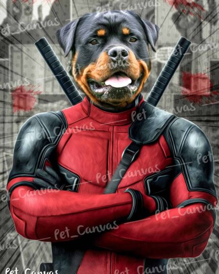 Özel Tasarım Kanvas Tablo Sergisi – Süper Kahraman #12 – Deadpool: Kırmızı süper kahraman kostümü giymiş, kolları çaprazlanmış ve sırtında kılıçlar taşıyan dijital olarak çizilmiş bir Rottweiler, şehir manzarası önünde – benzersiz evcil hayvan kanvas baskıları sevenler için ideal.