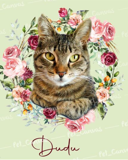 A tabby cat with green eyes is centered in front of a colorful floral wreath on a pale green background. Below the cat, the name Dudu is written in elegant script, making this a charming custom design pet canvas.