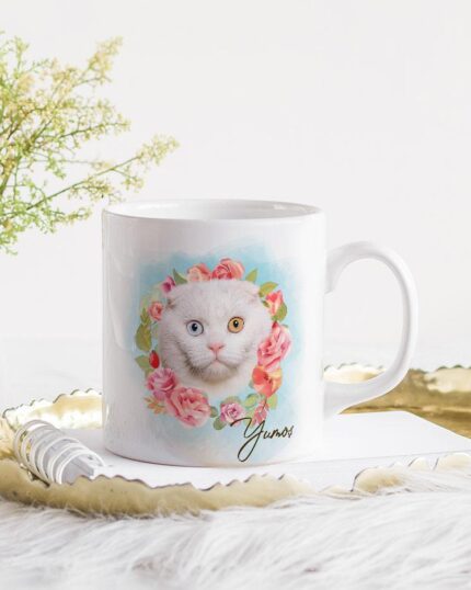The Flower Wreath Custom Design Mug– no#7 features a colorful cat illustration surrounded by flowers, with the name "Ginza," bringing custom pet canvas artistry charm to your table.