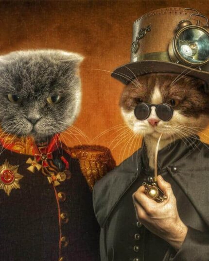 Two cats, one in a military uniform and the other in steampunk attire with a top hat and goggles, pose against a warm brown backdrop—perfect for the Multiple Portraits #8 Steampunk and General custom pet canvas.