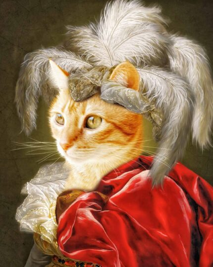 A ginger cat wears royal attire inspired by Famous Person #5 – Madame Elizabeth: a red velvet robe, white lace collar, and ornate feathered hat against a dark background—ideal for a custom pet canvas.