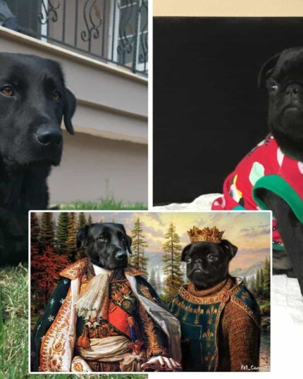 A collage shows a black dog on grass, a small black dog in a red outfit on a bed, and the "Multiple Portraits #2 King vs. King" custom canvas with both dogs as royalty in historical costumes.