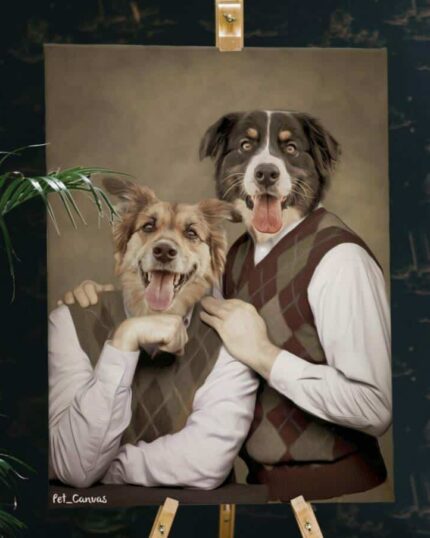 The Custom Design Canvas Painting – Twin Brothers shows two dogs with human bodies in matching argyle sweater vests and collared shirts, happily posing together on an easel next to a leafy plant.