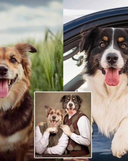 Split image: On the left, a brown and tan dog sits in grass. On the right, a black and white dog leans from a car window. Center inset: formal portrait of both dogs with their owner on Custom Design Canvas Painting – Twin Brothers.