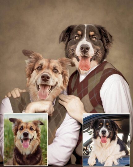 A custom design canvas painting titled "Twin Brothers" features two people with dogs’ heads wearing sweaters, posing together. Insets show the original dogs outdoors—ideal for a unique, personalized pet art piece.