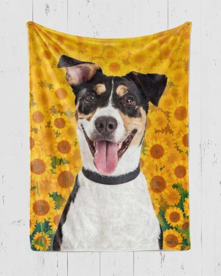 The Custom Design Pop-Art Blanket – Sunflower Field features a cheerful black, brown, and white dog with its tongue out on a bright yellow sunflower background—an inspiring custom pet blanket for your home.