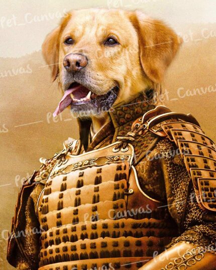 A golden retriever in ornate gold samurai armor stands upright against a warm backdrop—perfect inspiration for Custom Design Canvas Painting – Movie Character #3 – The Last Samurai.