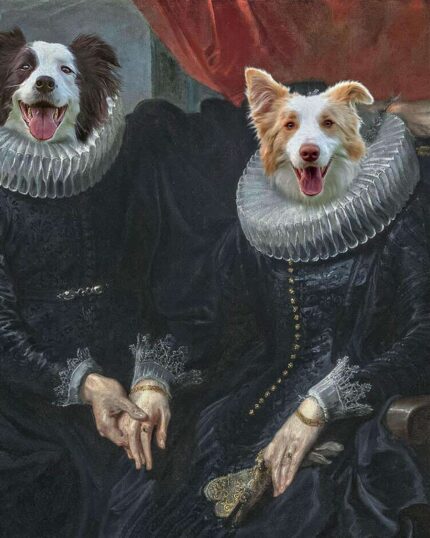 A classical portrait of an antique couple hand in hand, their faces replaced with happy, fluffy dogs—perfect as a Special Design Canvas Painting.