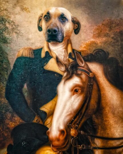 The Custom Design Canvas Painting – People Who Lived #4 – George Washington features a dog with a serious expression, dressed in historical military attire on horseback, styled after classic portraits of famous leaders.