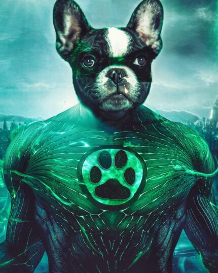 A muscular humanoid with a French Bulldog head and glowing paw emblem poses in a futuristic city—Custom Design Canvas Painting: Super Hero #7 – Green Lantern, perfect for pet lovers seeking unique decor.