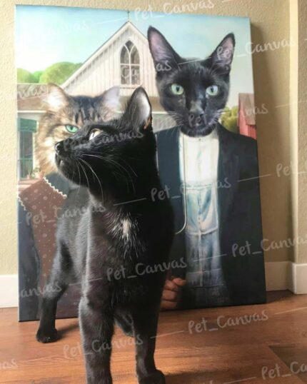 A black cat poses in front of The American Buddies - Custom Design Pet Canvas, which parodies “American Gothic” with two cats replacing the humans. One cat in the artwork closely matches the real black cat by the canvas.