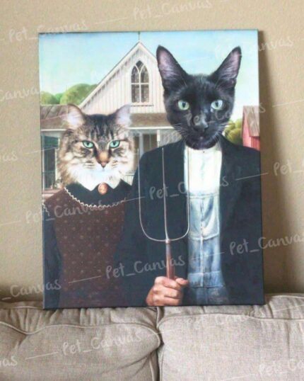 The American Buddies - Custom Design Pet Canvas humorously parodies American Gothic, featuring two cats in vintage attire—one with a pitchfork, both serious. Add playful art to your space with this unique pet canvas displayed on your couch.