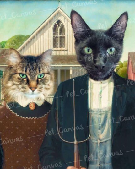 The American Buddies - Custom Design Pet Canvas shows two cats with human bodies in vintage clothes posing by a farmhouse, one holding a pitchfork, with a wooden house and green trees in the background.