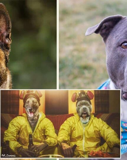 The Custom Design Canvas Painting – Series Character #7 – Breaking Bad features a Belgian Malinois, a gray pit bull with blue bandana, and both dogs in yellow hazmat suits—ideal for fans seeking unique, TV-inspired pet canvas prints.