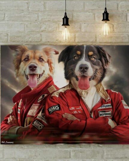 The Special Design Canvas Painting – Quick and Paw Double showcases two dogs in red racing suits under glowing lights beside a white brick wall—a unique, stylish choice for custom canvas prints.