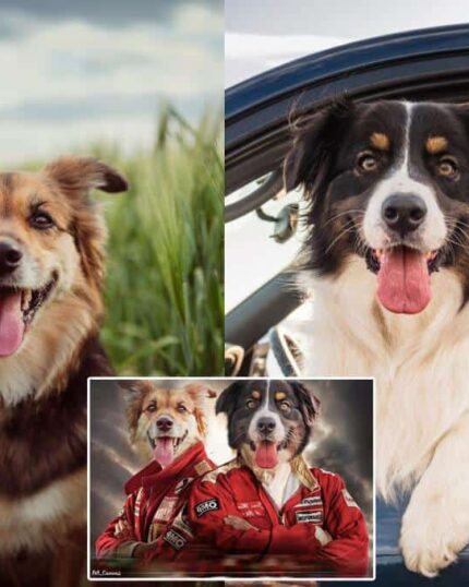 Split image: Left, a brown and tan dog sits in a field; right, a black, white, and tan dog leans from a car window. Center inset: both illustrated in red racecar suits on the Special Design Canvas Painting – Quick and Paw Double.