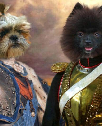 The "Multiple Portraits #3 Knight and General" features two dogs in ornate military uniforms on a dramatic background, creating a custom pet canvas reminiscent of a classical royal or noble portrait.