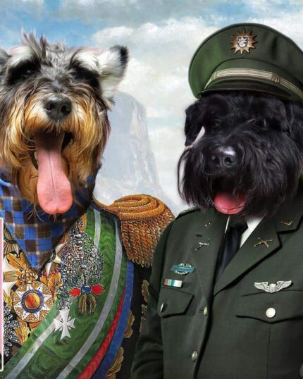 The "Multiple Portraits #12 General and Pilot" canvas features two dogs with human bodies in historical military uniforms against a mountain backdrop, plus corner images of the same dogs in simple outfits for custom design options.