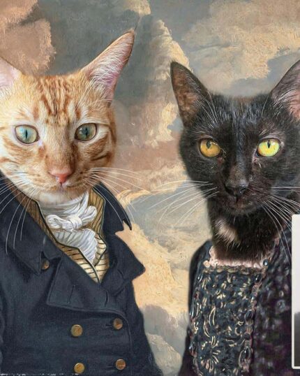 The Multiple Portraits #4 Noble Bey and Noble Lady artwork shows an orange tabby and a black cat in historical attire against a cloudy sky, perfect for custom pet canvas. Two inset photos display the same cats in natural, modern environments.