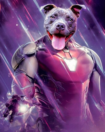 The Custom Design Canvas Painting – Super Hero #5 – Ironman features your pet’s face on Iron Man’s body with a glowing purple background and dynamic light streaks, creating a unique, digitally illustrated pet portrait.