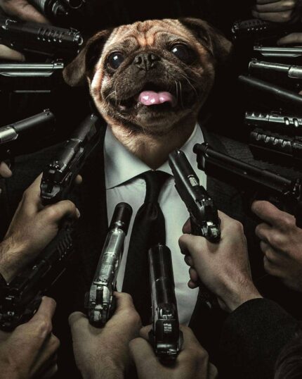Bring humor and style to your space with the Custom Design Canvas Painting – Movie Character #2 – The Godfather, featuring a pug’s head on a suited human body, surrounded by pointing guns in a playful parody of an iconic movie moment.