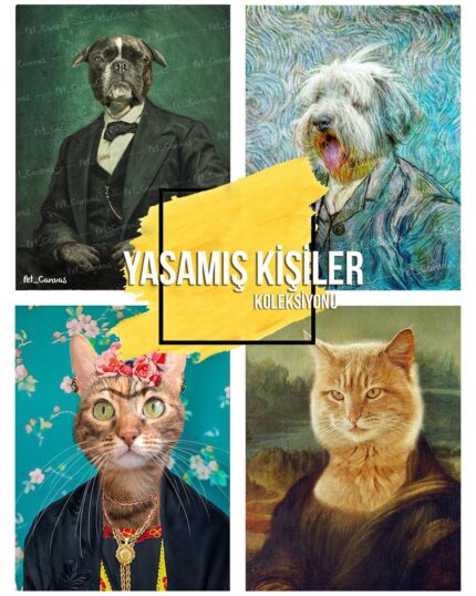 Four portraits from Costume Style – Famous Persons collection show a dog in a suit, a painted-style shaggy dog, a cat with pearls and flower crown, and another cat in Renaissance attire. Text reads Yaşamış Kişiler Koleksiyonu.