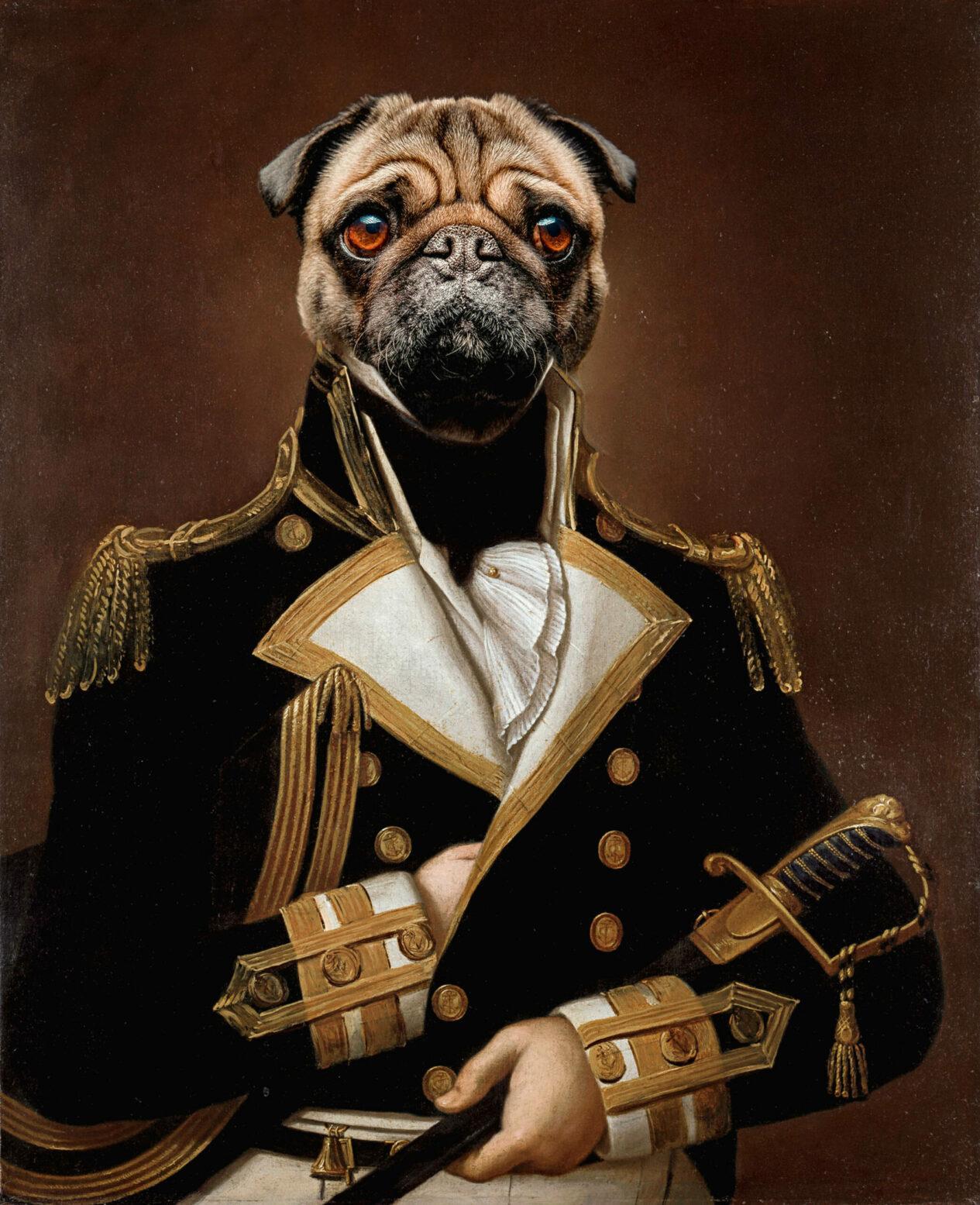 The Sailor #3 - Custom Design Pet Canvas Painting Features A Pug’s Head On A Human Body In An Ornate Military Uniform With Gold Trim, Set Against A Brown Background—Ideal For Unique Canvas Printing Or Custom Pet Artwork. The Sailor #3 - Custom Design Pet Canvas Painting features a pug’s head on a human body in an ornate military uniform with gold trim, set against a brown background—ideal for unique canvas printing or custom pet artwork.