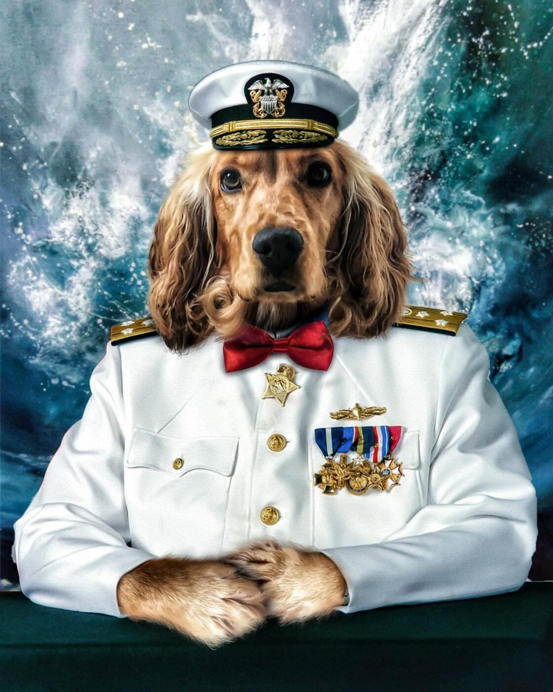 A Long-Eared Dog In A White Naval Admiral Uniform With Medals And Cap Sits At A Table Before A Dramatic Blue And White Backdrop—Available As The Special Design Canvas Painting – Sailor #2, Perfect For Custom Pet Art. A long-eared dog in a white naval admiral uniform with medals and cap sits at a table before a dramatic blue and white backdrop—available as the Special Design Canvas Painting – Sailor #2, perfect for custom pet art.