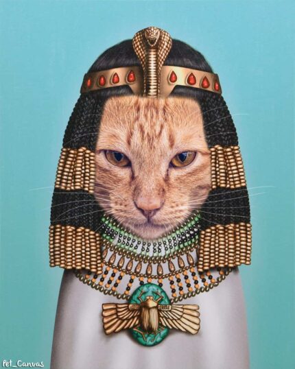 The Special Design Canvas Painting – Egyptian Period #1 – Cleopatra features a cat’s face on a regal figure in ancient Egyptian royal attire, with a beaded headdress and turquoise scarab, set against a solid blue background.