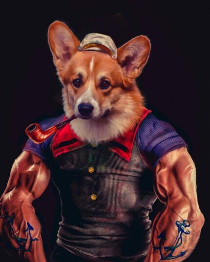 Custom Design Canvas Painting – Cartoon #1 Popeye features a corgi with muscular arms in a sailor outfit, cap, red scarf, pipe, and anchor tattoos—ideal for unique pet canvas art and creative custom printing.