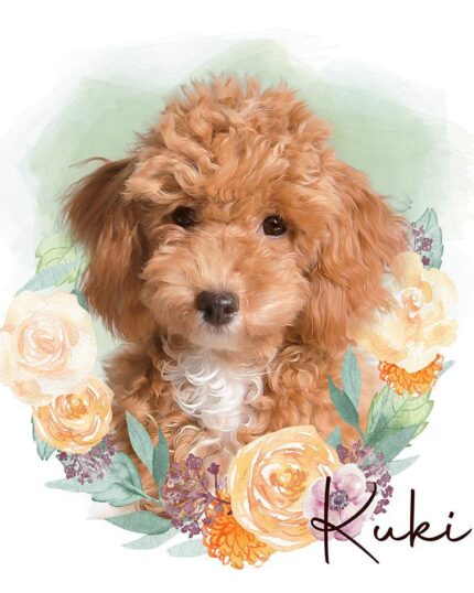 A digital illustration of a fluffy brown and white poodle puppy surrounded by cream and yellow flowers, with the name Kuki written in cursive at the bottom right—a charming custom design pet canvas perfect for any dog lover.