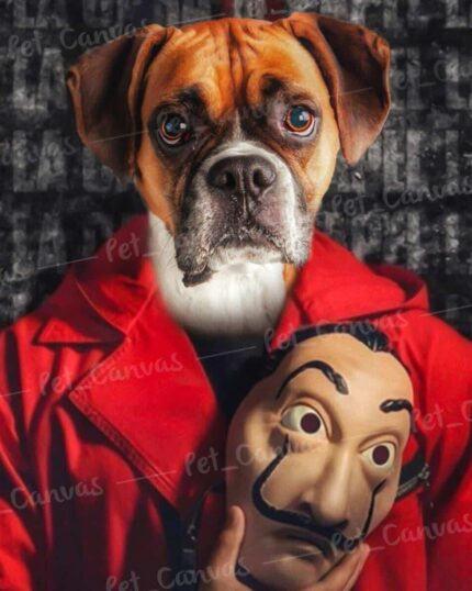A person in a red jacket with the head of a brown and white boxer dog holds a Salvador Dalí-style mask to their chest. The dark, textured background makes this Special Design Canvas Painting – Series Character #6 – La Casa de Papel unique.