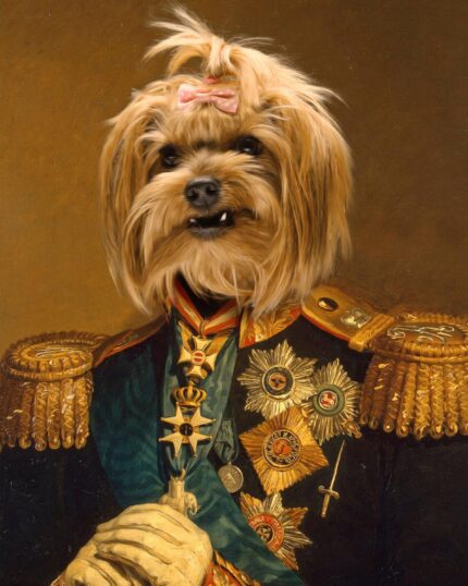 Pembe fiyonklu, küçük, tüylü bir köpek, madalyalar ve süslü omuz yastıklarıyla süslenmiş resmi, tarihi bir askeri üniforma içinde, klasik bir portre tablosunu taklit eden, büyüleyici bir özel tasarım evcil hayvan tuvali üzerinde resmedilmiştir.