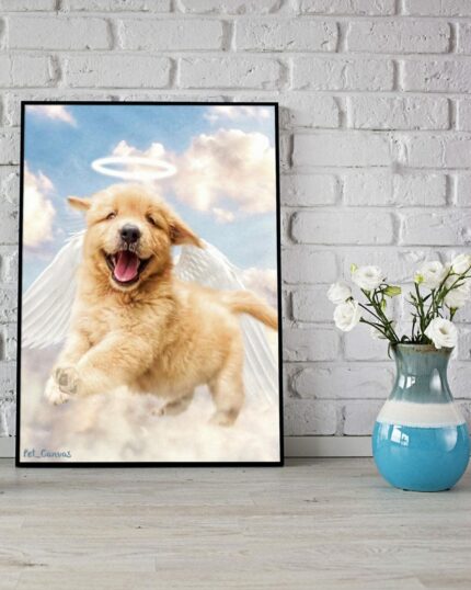 The Angel #2 - Custom Design Pet Canvas shows a framed golden puppy with angel wings and a halo, set against a white brick wall next to a turquoise vase of white flowers on a light wood floor.