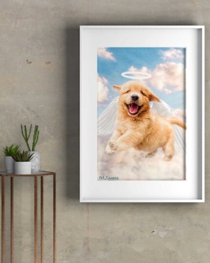 The Angel #2 - Custom Design Pet Canvas shows a puppy with angel wings and a halo against a blue sky and clouds, framed and hanging on a gray wall above a small table with two potted plants.