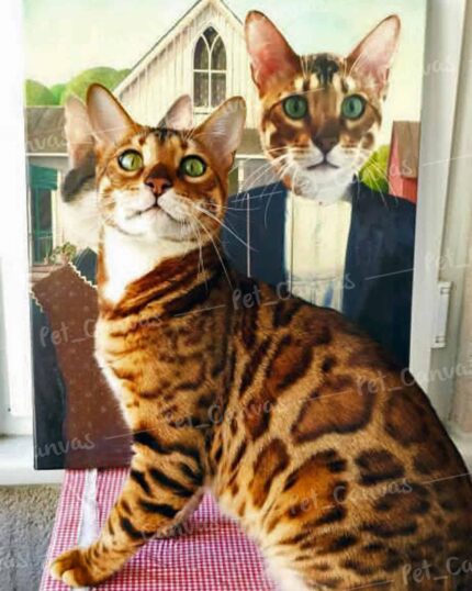 A Bengal cat sits before "The American Buddies - Custom Design Pet Canvas," which parodies American Gothic by featuring two cats. The real Bengal mimics the pose of one cat depicted in the canvas behind it.